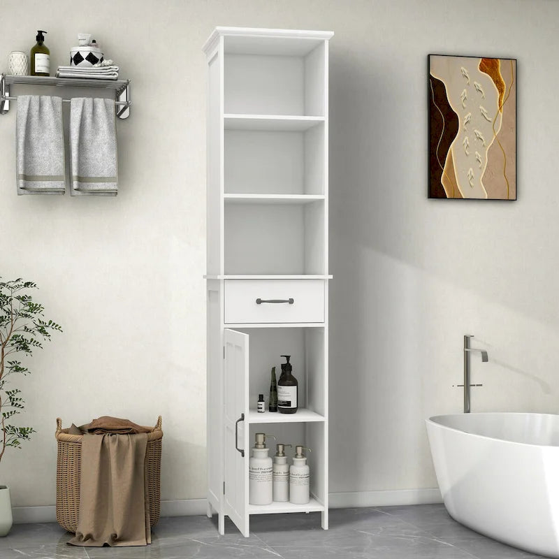 Armario de almacenamiento de madera para baño con una puerta y estantes