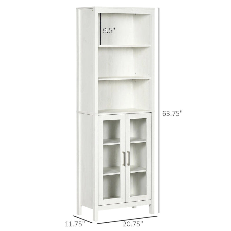 Armoire haute de salle de bain, colonne à linge avec étagères réglables, étagère à 3 niveaux et 2 portes vitrées