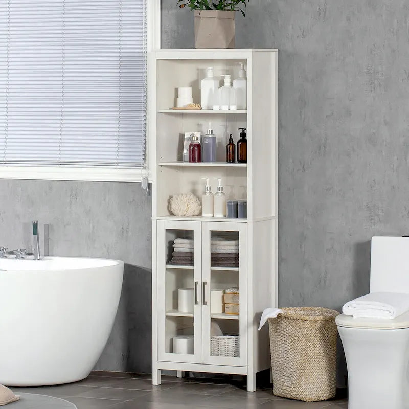 Armario alto para baño, columna para ropa blanca con estantes ajustables, estante de 3 niveles y 2 puertas de vidrio