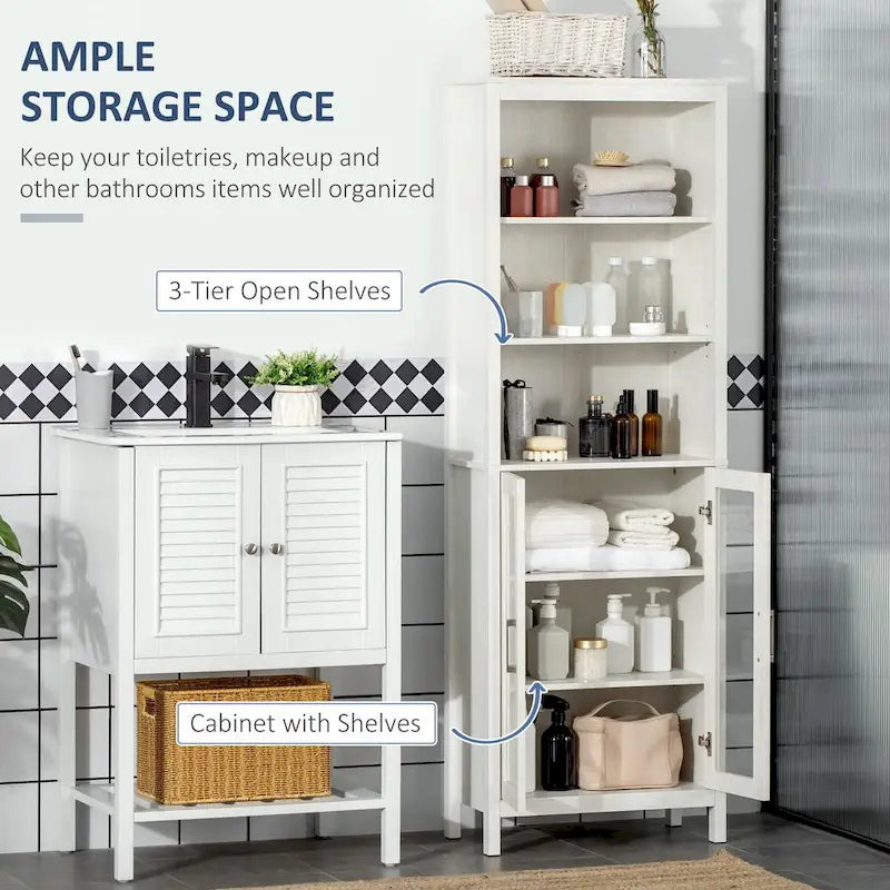 Armoire haute de salle de bain, colonne à linge avec étagères réglables, étagère à 3 niveaux et 2 portes vitrées