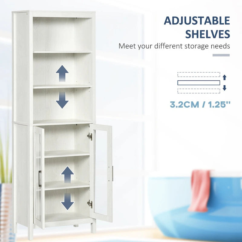 Armoire haute de salle de bain, colonne à linge avec étagères réglables, étagère à 3 niveaux et 2 portes vitrées