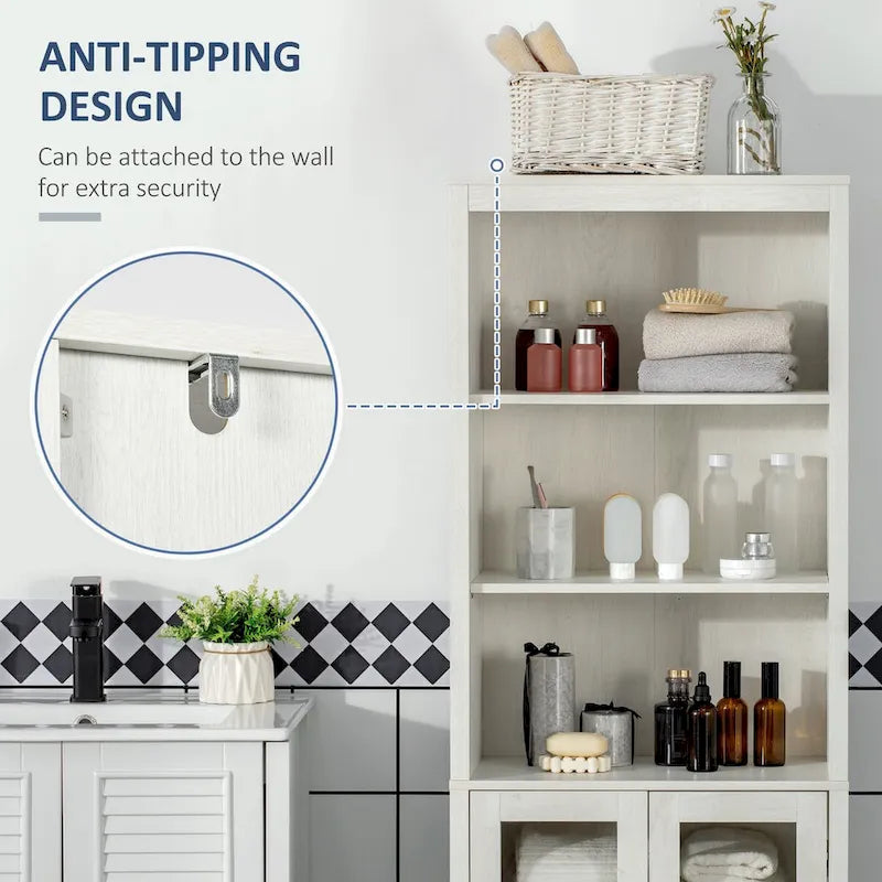 Armoire haute de salle de bain, colonne à linge avec étagères réglables, étagère à 3 niveaux et 2 portes vitrées