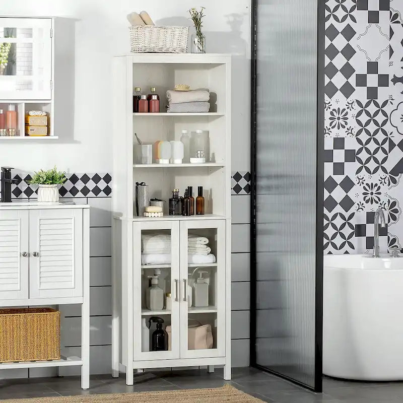 Armoire haute de salle de bain, colonne à linge avec étagères réglables, étagère à 3 niveaux et 2 portes vitrées
