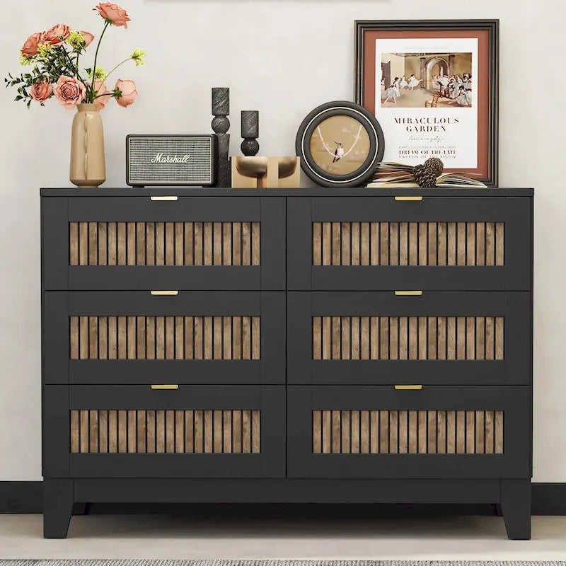 Cómoda rústica de estilo granja de madera con 6 cajones, armario de almacenamiento para dormitorio con tiradores metálicos