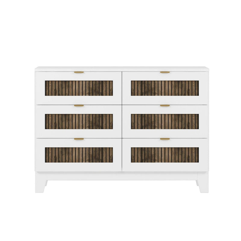 Cómoda rústica de estilo granja de madera con 6 cajones, armario de almacenamiento para dormitorio con tiradores metálicos