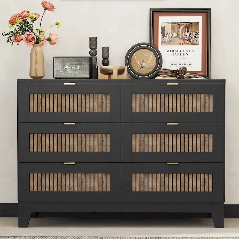 Cómoda rústica de estilo granja de madera con 6 cajones, armario de almacenamiento para dormitorio con tiradores metálicos