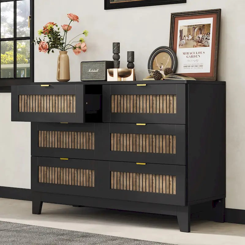 Commode en bois de style rustique campagnard à 6 tiroirs, meuble de rangement pour chambre avec poignées en métal