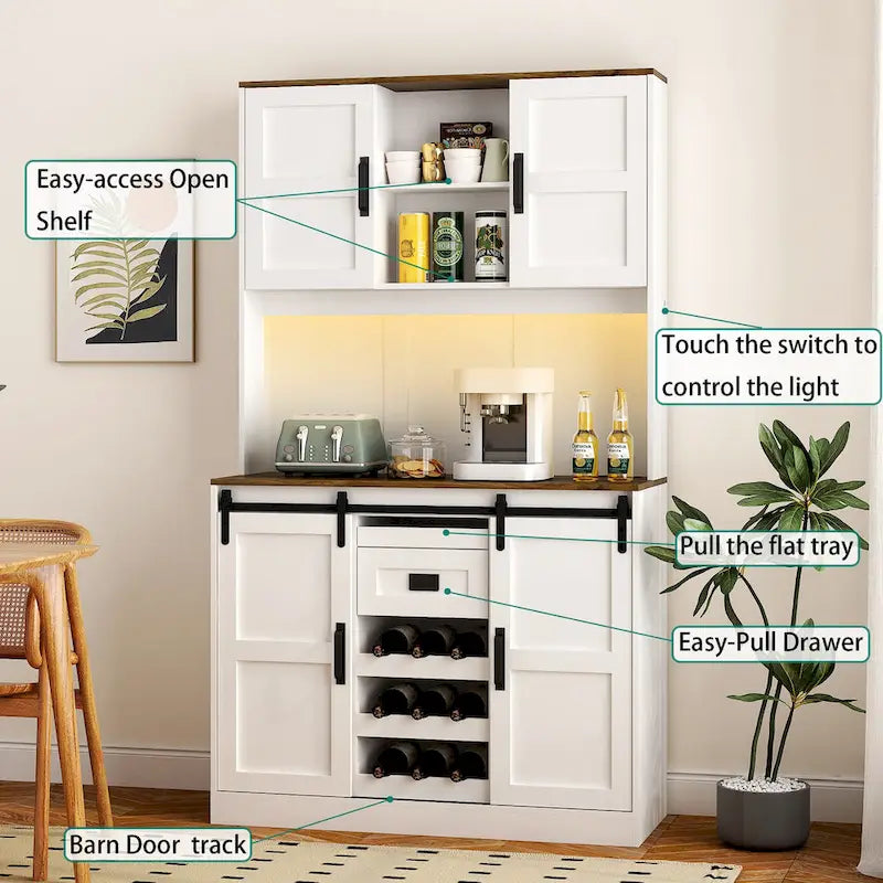 Armario de bar estilo granja con puerta corrediza tipo granero, amplio aparador rústico para cocina, barra de café, mesa auxiliar, blanco
