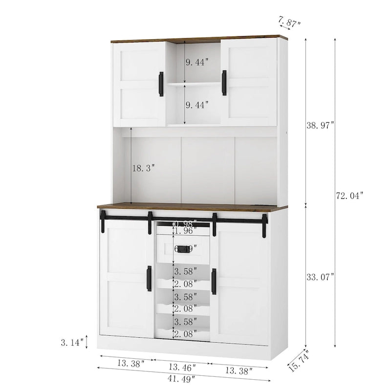 Armario de bar estilo granja con puerta corrediza tipo granero, amplio aparador rústico para cocina, barra de café, mesa auxiliar, blanco