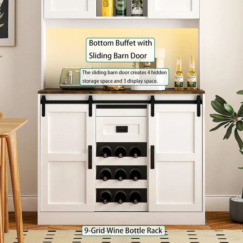 Meuble-bar de style farmhouse avec porte coulissante de grange, grand buffet de cuisine rustique faisant office de bar à café, blanc