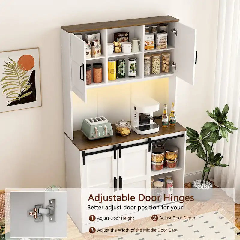 Armario de bar estilo granja con puerta corrediza tipo granero, amplio aparador rústico para cocina, barra de café, mesa auxiliar, blanco