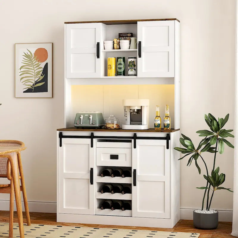 Armario de bar estilo granja con puerta corrediza tipo granero, amplio aparador rústico para cocina, barra de café, mesa auxiliar, blanco