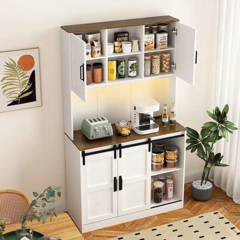 Armario de bar estilo granja con puerta corrediza tipo granero, amplio aparador rústico para cocina, barra de café, mesa auxiliar, blanco