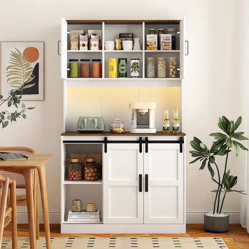 Armario de bar estilo granja con puerta corrediza tipo granero, amplio aparador rústico para cocina, barra de café, mesa auxiliar, blanco