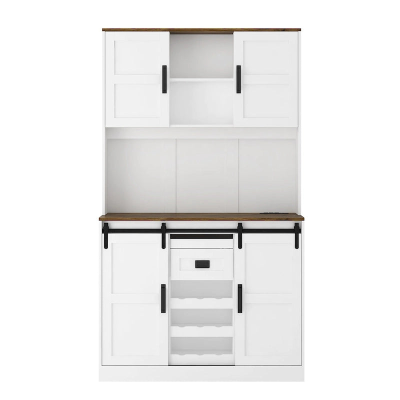 Armario de bar estilo granja con puerta corrediza tipo granero, amplio aparador rústico para cocina, barra de café, mesa auxiliar, blanco