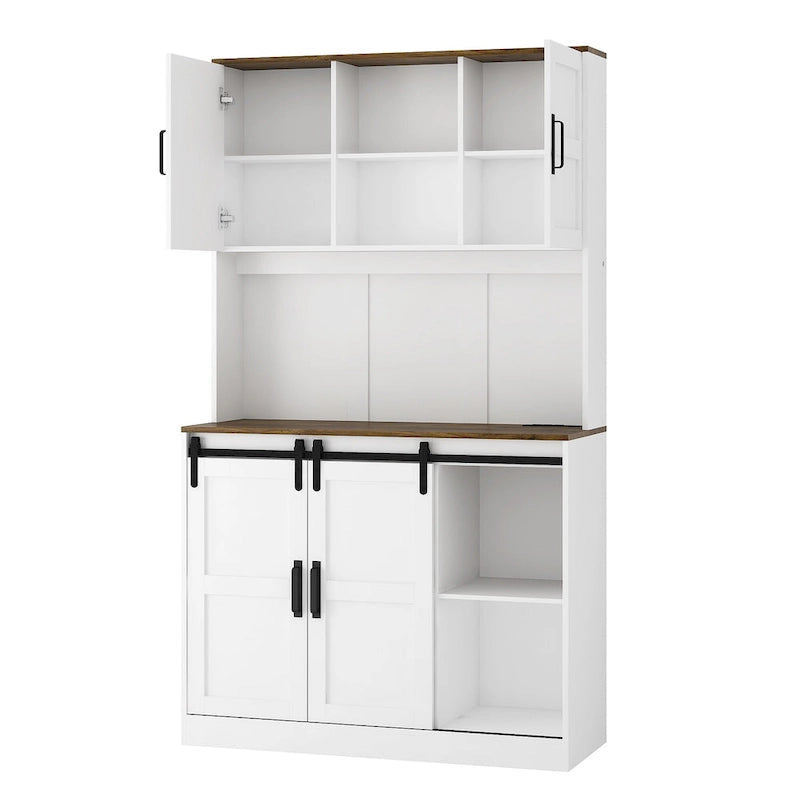 Armario de bar estilo granja con puerta corrediza tipo granero, amplio aparador rústico para cocina, barra de café, mesa auxiliar, blanco