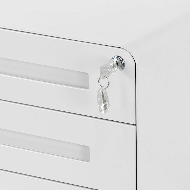 Weißer Aktenschrank mit 3 Schubladen, Schloss und Rollen