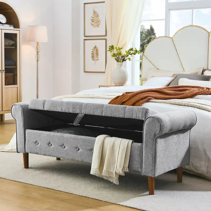Banco de almacenamiento capitoné con botones para dormitorio, moderno otomano tapizado en tela, banco de ventana, diseño con brazos enrollados