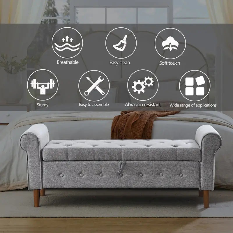 Banco de almacenamiento capitoné con botones para dormitorio, moderno otomano tapizado en tela, banco de ventana, diseño con brazos enrollados