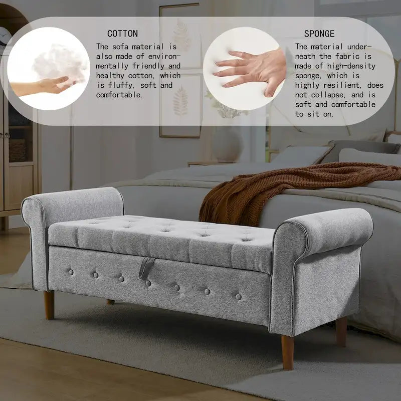 Banco de almacenamiento capitoné con botones para dormitorio, moderno otomano tapizado en tela, banco de ventana, diseño con brazos enrollados