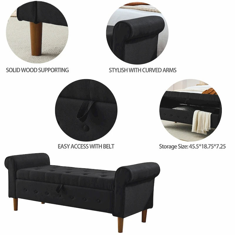 Banc de rangement capitonné à boutons pour chambre, 62, ottoman moderne en tissu, banc de fenêtre, pieds roulés
