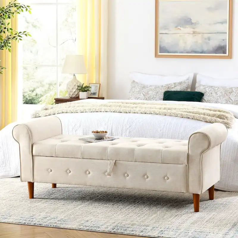 Banc de rangement capitonné à boutons pour chambre, 62, ottoman moderne en tissu, banc de fenêtre, pieds roulés
