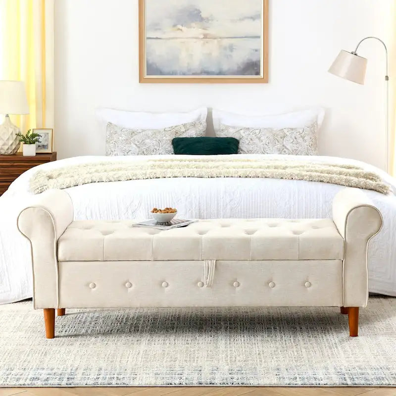 Banc de rangement capitonné à boutons pour chambre, 62, ottoman moderne en tissu, banc de fenêtre, pieds roulés