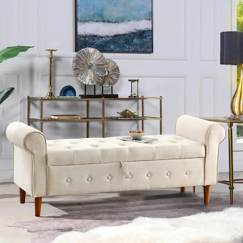 Banc de rangement capitonné à boutons pour chambre, 62, ottoman moderne en tissu, banc de fenêtre, pieds roulés